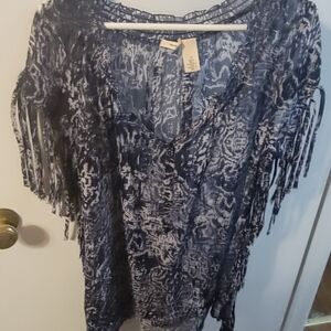 DKNY Navy and White Sheer Patterned Blouse